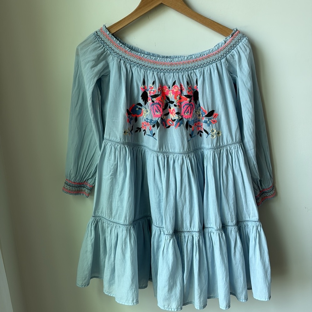 Free People Sunbeams Mini Dress Blue Embroidered Boho Lined Off Shoulder Size S